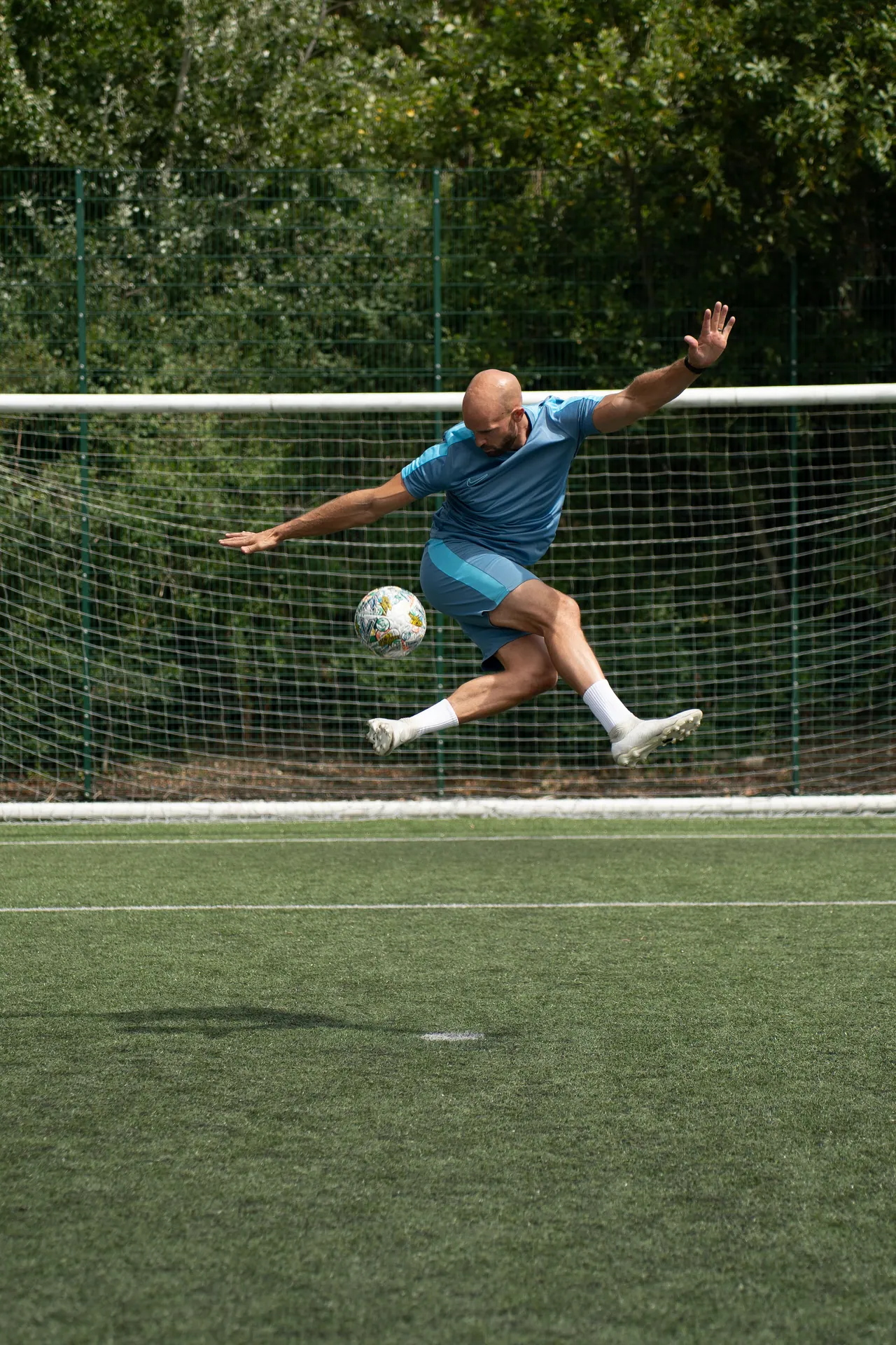 Daniel in a goal, ball on his foot